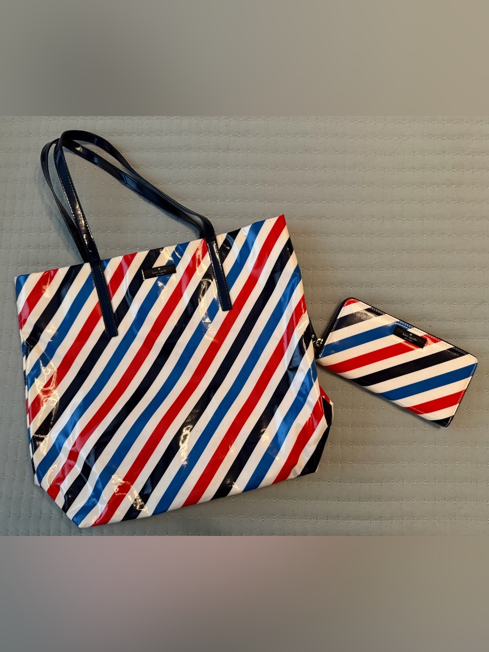 Kate Spade Daycation Red, White & Blue Diagonal Stripe Tote with Matching Wallet